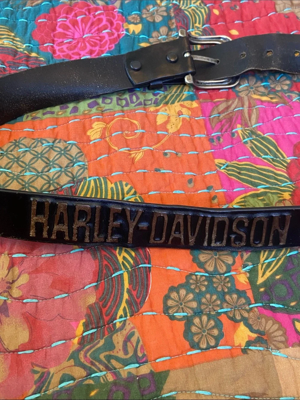 Harley-Davidson Black Leather Belt with Flaming Skull Embossed Detail 40w